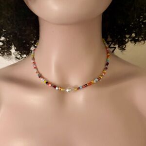 Colorful Electroplated Disc Seed Bead Necklace with Pearl Accent